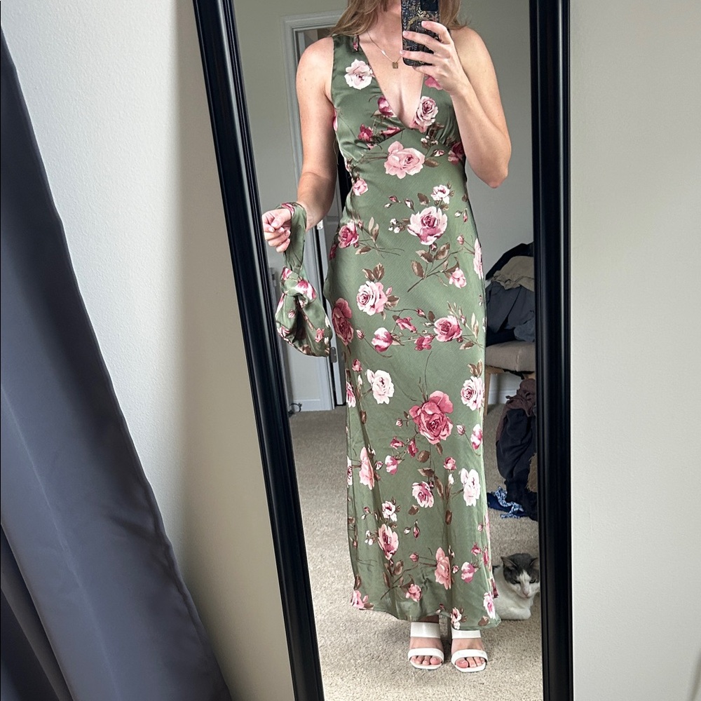 Fall wedding Guest Dress Floral Green Maxi Dress